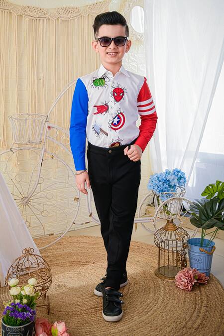 Hoity Moppet White Cotton Embroidery Avengers Color Block Shirt Online at Aza Fashions Hoity Moppet_White Cotton Embroidery Avengers Color Block Shirt _Online_at_Aza_Fashions