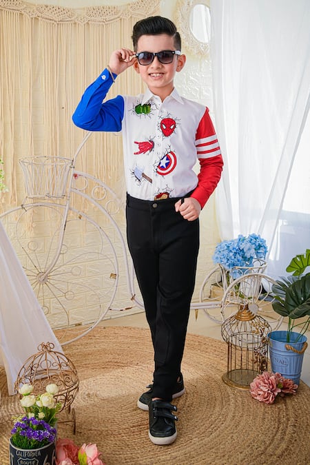 Buy Hoity Moppet White Cotton Embroidery Avengers Color Block Shirt Online at Aza Fashions Buy_Hoity Moppet_White Cotton Embroidery Avengers Color Block Shirt _Online_at_Aza_Fashions