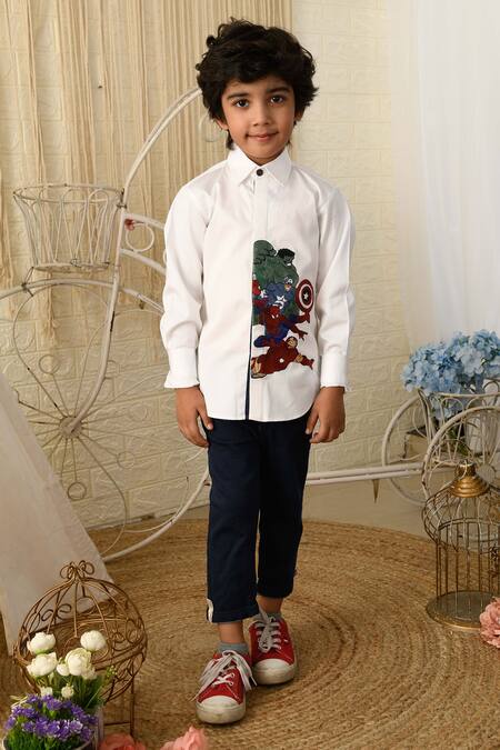 Hoity Moppet White Cotton Embroidery Avengers Placement Shirt Online at Aza Fashions Hoity Moppet_White Cotton Embroidery Avengers Placement Shirt _Online_at_Aza_Fashions