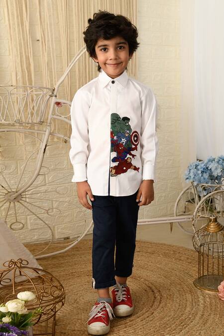 Buy Hoity Moppet White Cotton Embroidery Avengers Placement Shirt Online at Aza Fashions Buy_Hoity Moppet_White Cotton Embroidery Avengers Placement Shirt _Online_at_Aza_Fashions