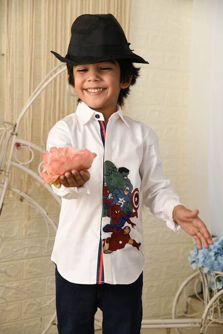 Shop Hoity Moppet White Cotton Embroidery Avengers Placement Shirt Online at Aza Fashions Shop_Hoity Moppet_White Cotton Embroidery Avengers Placement Shirt _Online_at_Aza_Fashions