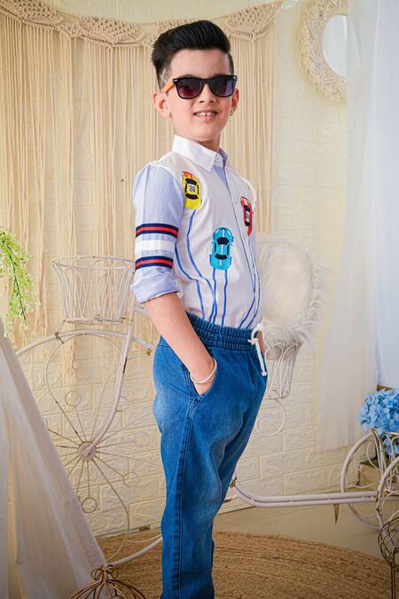 Hoity Moppet_White Cotton Embroidery Hot Wheels Shirt _Online_at_Aza_Fashions