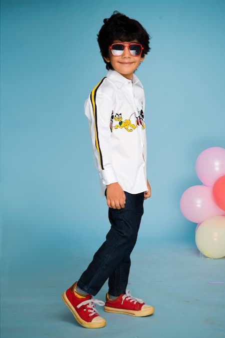 Shop Hoity Moppet White Cotton Embroidery Mickey Shirt at Aza Fashions Shop_Hoity Moppet_White Cotton Embroidery Mickey Shirt _at_Aza_Fashions