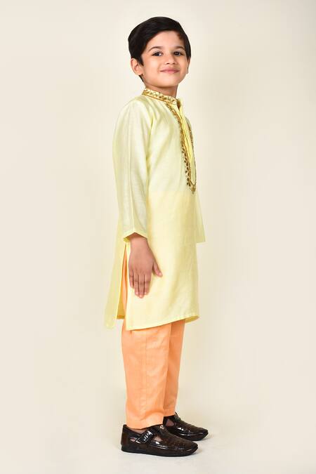 Banana Bee_Yellow Cotton, Chanderi Floral, Gota Kurta And Pant Set_Online_at_Aza_Fashions