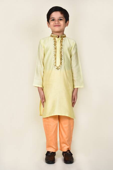 Buy_Banana Bee_Yellow Cotton, Chanderi Floral, Gota Kurta And Pant Set_Online_at_Aza_Fashions