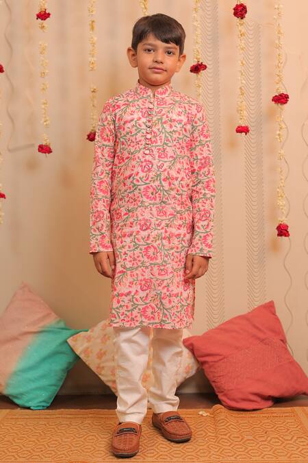 Tiny Colour_Pink Cotton Kamal Printed Kurta Set _Online_at_Aza_Fashions