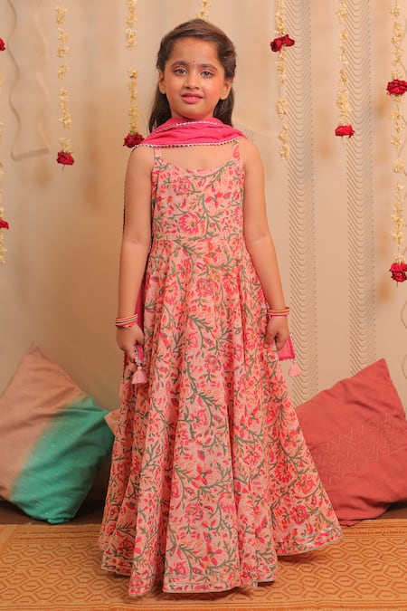 Tiny Colour_Pink Georgette, Cotton Mirrors, Tassels Kamal Printed Anarkali With Dupatta _Online_at_Aza_Fashions