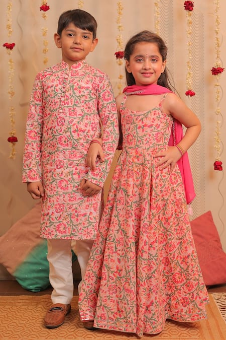 Buy_Tiny Colour_Pink Georgette, Cotton Mirrors, Tassels Kamal Printed Anarkali With Dupatta _Online_at_Aza_Fashions
