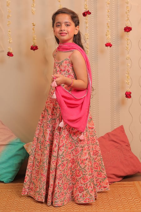 Tiny Colour_Pink Georgette, Cotton Mirrors, Tassels Kamal Printed Anarkali With Dupatta _at_Aza_Fashions