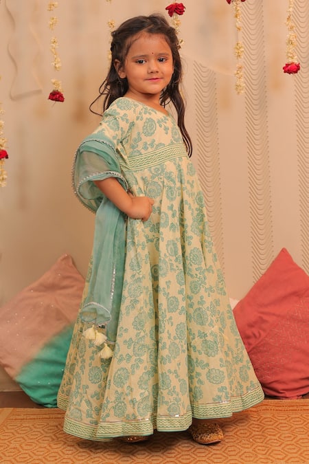 Tiny Colour_Yellow Chiffon, Cotton Tassels Lily Printed Anarkali With Dupatta _Online_at_Aza_Fashions