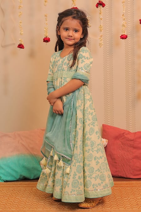 Shop_Tiny Colour_Yellow Chiffon, Cotton Tassels Lily Printed Anarkali With Dupatta _Online_at_Aza_Fashions