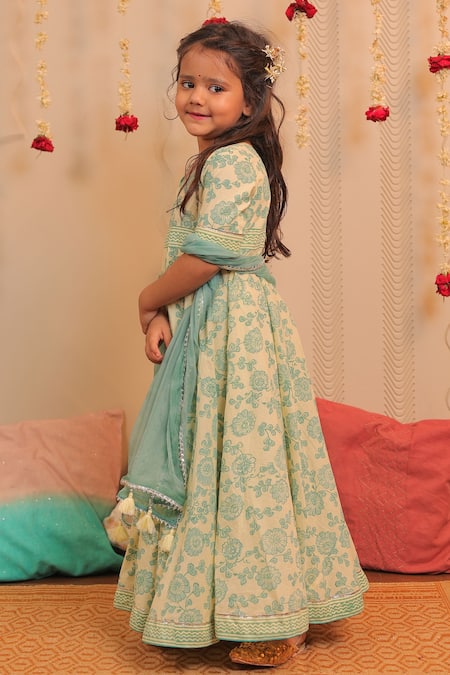 Tiny Colour_Yellow Chiffon, Cotton Tassels Lily Printed Anarkali With Dupatta _at_Aza_Fashions