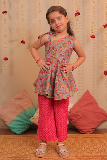 TINY COLOUR Pink Mulmul Cotton Printed Block Gulab Kurta Set 