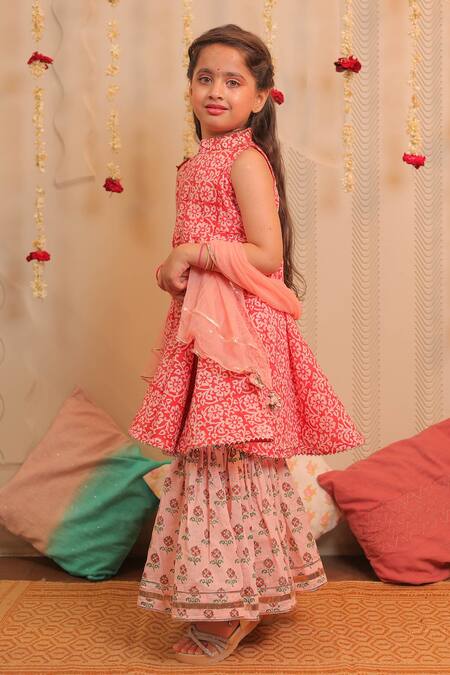 Tiny Colour_Peach Chiffon, Cotton Lace, Tassels Mogra Printed Kurta Gharara Set _Online_at_Aza_Fashions