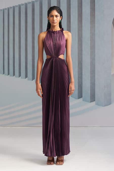 Buy_Pleats By Aruni_Purple Crepe Plain Round Halter Neck Pleated Gown_Online_at_Aza_Fashions