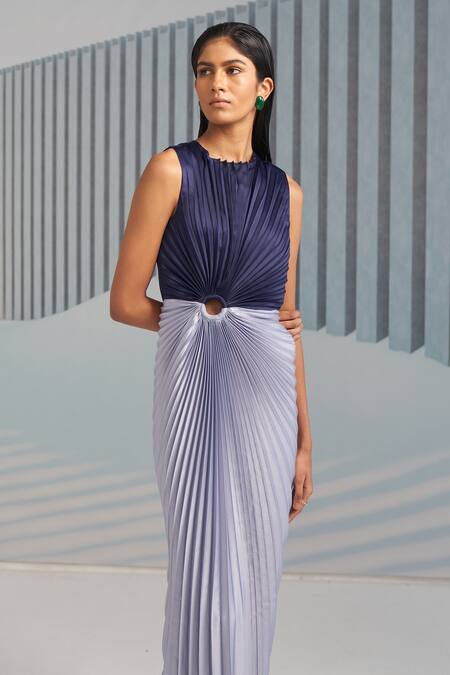 Pleats By Aruni_Blue Crepe Plain Round Colorblock Pleated Gown_at_Aza_Fashions