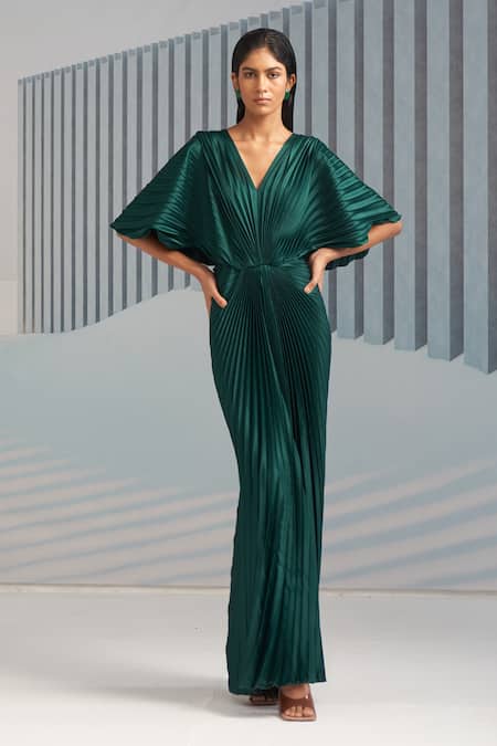 Pleats By Aruni_Green Crepe Plain V Neck Flared Sleeve Pleated Gown_Online_at_Aza_Fashions
