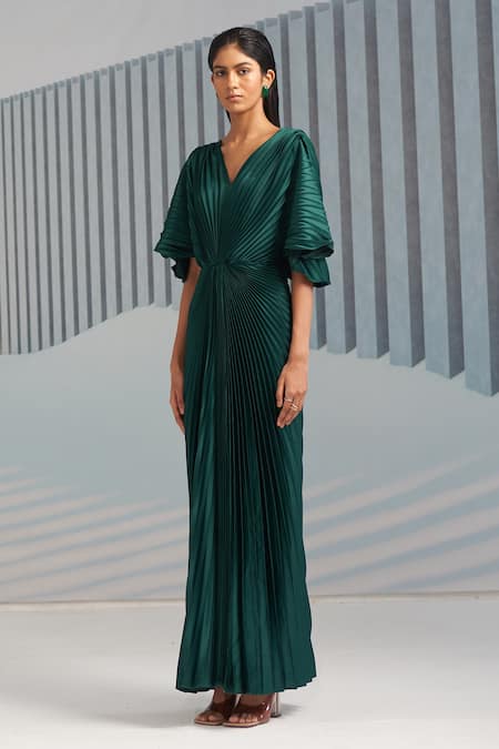 Buy_Pleats By Aruni_Green Crepe Plain V Neck Flared Sleeve Pleated Gown_Online_at_Aza_Fashions