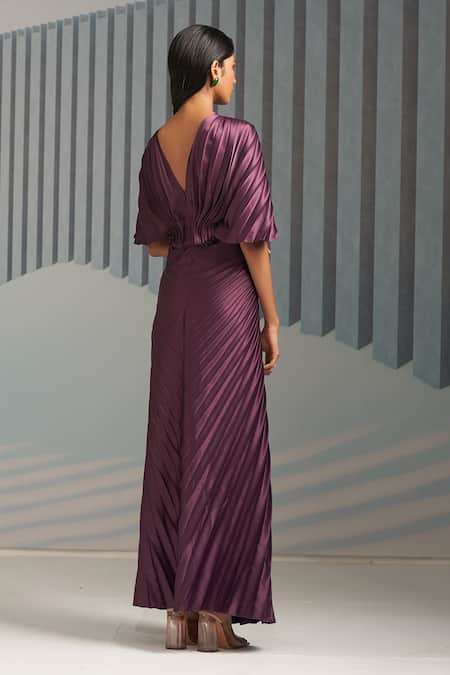 Shop_Pleats by Aruni_Purple Crepe Plain V Neck Flared Sleeve Pleated Gown _at_Aza_Fashions