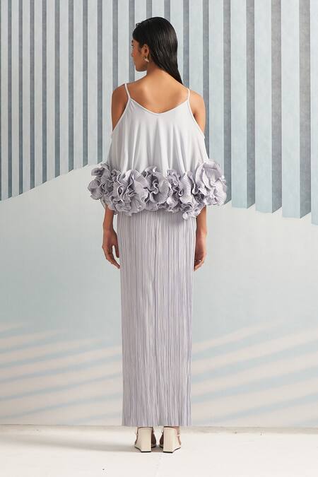 Shop Pleats By Aruni Grey Pleats Floral V Neck Dress at Aza Fashions Shop_Pleats By Aruni_Grey Pleats Floral V Neck Dress_at_Aza_Fashions