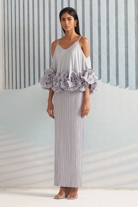 Pleats By Aruni Grey Pleats Floral V Neck Dress Online at Aza Fashions Pleats By Aruni_Grey Pleats Floral V Neck Dress_Online_at_Aza_Fashions