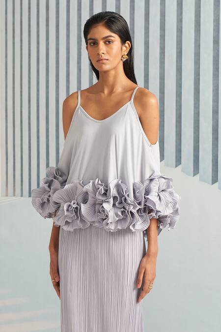 Buy Pleats By Aruni Grey Pleats Floral V Neck Dress Online at Aza Fashions Buy_Pleats By Aruni_Grey Pleats Floral V Neck Dress_Online_at_Aza_Fashions