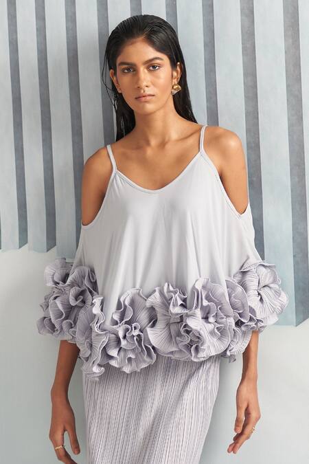 Shop Pleats By Aruni Grey Pleats Floral V Neck Dress Online at Aza Fashions Shop_Pleats By Aruni_Grey Pleats Floral V Neck Dress_Online_at_Aza_Fashions