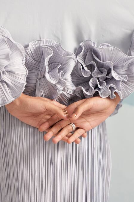 Pleats By Aruni Grey Pleats Floral V Neck Dress at Aza Fashions Pleats By Aruni_Grey Pleats Floral V Neck Dress_at_Aza_Fashions