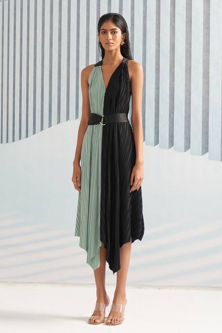 Buy_Pleats By Aruni_Green Pleats Plain V Neck Halter Dress_Online_at_Aza_Fashions
