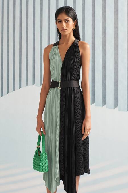 Shop_Pleats By Aruni_Green Pleats Plain V Neck Halter Dress_Online_at_Aza_Fashions