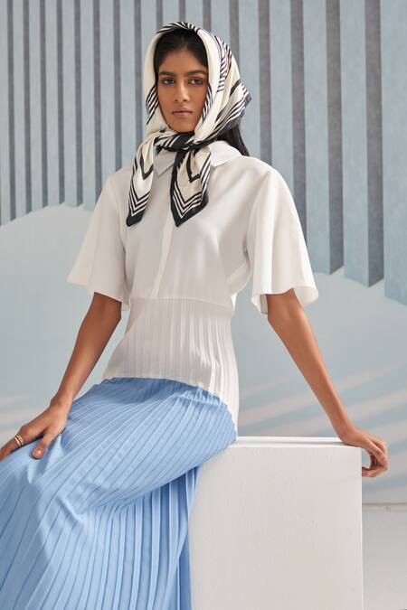 Buy_Pleats By Aruni_White Crepe Plain Shirt Collar Colorblock Pleated Dress_Online_at_Aza_Fashions