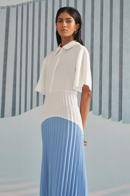 Shop_Pleats By Aruni_White Crepe Plain Shirt Collar Colorblock Pleated Dress_Online_at_Aza_Fashions