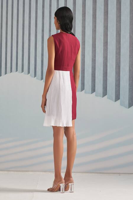 Shop Pleats By Aruni Red Crepe With Pleated Detail Plain V Neck Blazer Dress at Aza Fashions Shop_Pleats By Aruni_Red Crepe With Pleated Detail Plain V Neck Blazer Dress_at_Aza_Fashions