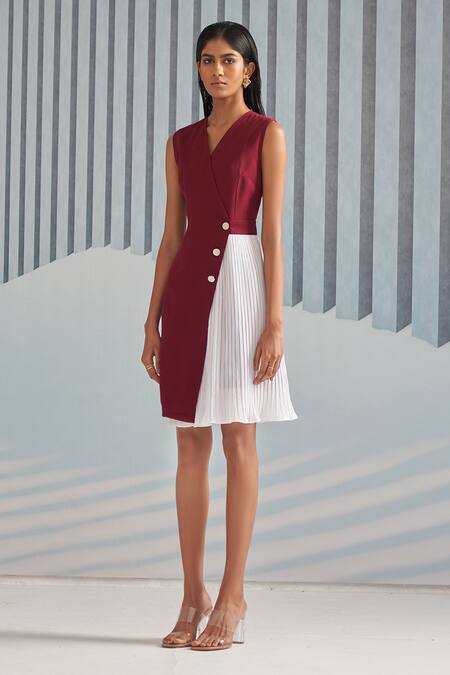 Pleats By Aruni Red Crepe With Pleated Detail Plain V Neck Blazer Dress Online at Aza Fashions Pleats By Aruni_Red Crepe With Pleated Detail Plain V Neck Blazer Dress_Online_at_Aza_Fashions