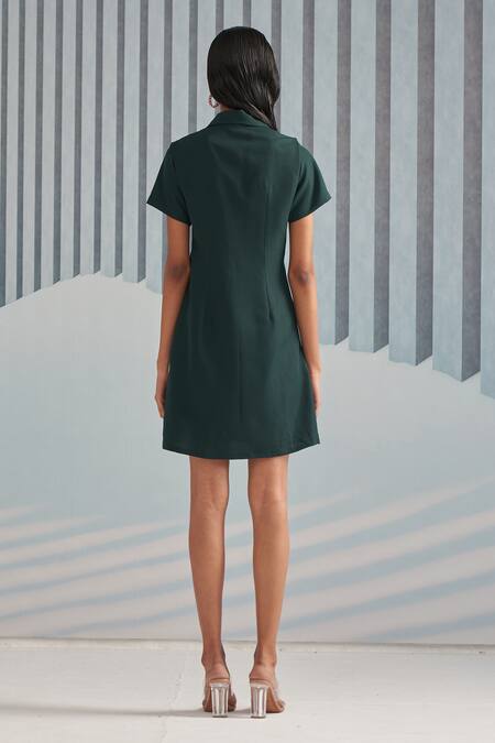 Shop Pleats By Aruni Green Crepe With Pleated Detail Plain Notched Collar Dress at Aza Fashions Shop_Pleats By Aruni_Green Crepe With Pleated Detail Plain Notched Collar Dress_at_Aza_Fashions