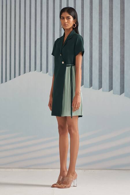 Buy Pleats By Aruni Green Crepe With Pleated Detail Plain Notched Collar Dress Online at Aza Fashions Buy_Pleats By Aruni_Green Crepe With Pleated Detail Plain Notched Collar Dress_Online_at_Aza_Fashions