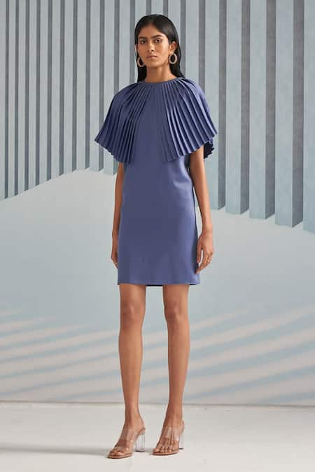 Pleats by Aruni Blue Crepe Plain Round Pleated Dress 