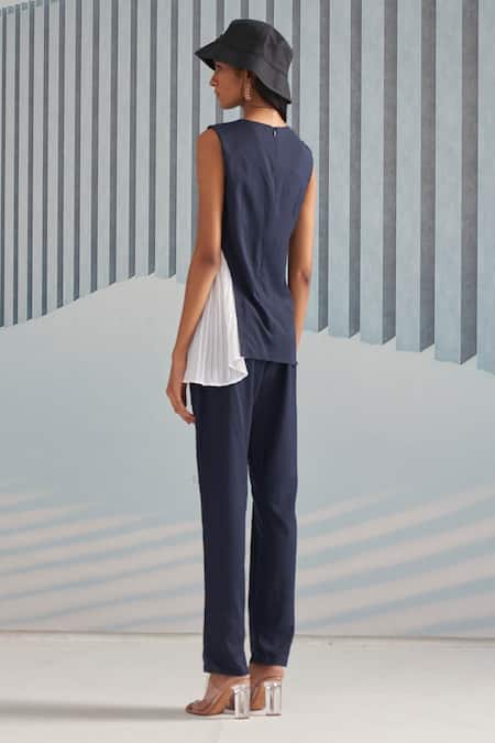 Shop_Pleats By Aruni_Blue Crepe With Pleated Detail Plain Round Colorblock Top_at_Aza_Fashions