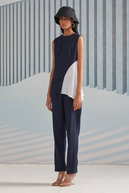 Buy_Pleats By Aruni_Blue Crepe With Pleated Detail Plain Round Colorblock Top_Online_at_Aza_Fashions
