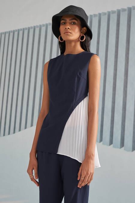 Shop_Pleats By Aruni_Blue Crepe With Pleated Detail Plain Round Colorblock Top_Online_at_Aza_Fashions