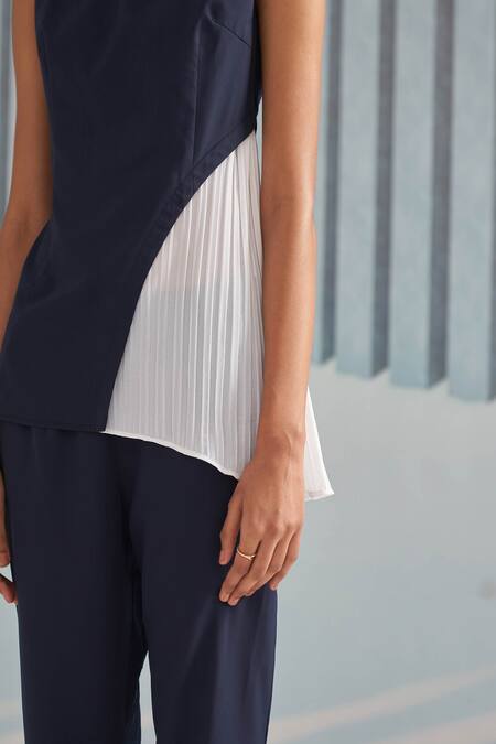 Pleats By Aruni_Blue Crepe With Pleated Detail Plain Round Colorblock Top_at_Aza_Fashions