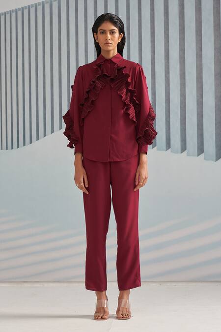 Pleats By Aruni_Maroon Crepe With Pleated Detail Plain Shirt Collar Ruffle Full Sleeve_Online_at_Aza_Fashions
