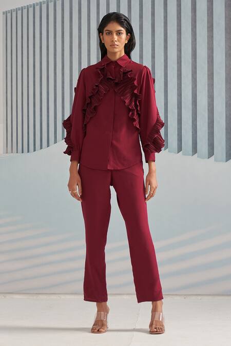Buy_Pleats By Aruni_Maroon Crepe With Pleated Detail Plain Shirt Collar Ruffle Full Sleeve_Online_at_Aza_Fashions