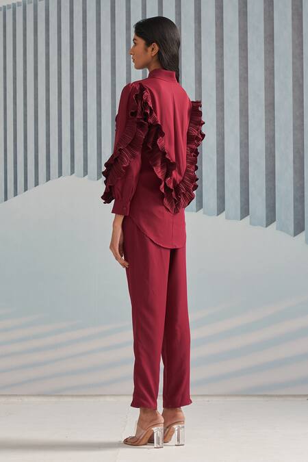Shop_Pleats By Aruni_Maroon Crepe With Pleated Detail Plain Shirt Collar Ruffle Full Sleeve_Online_at_Aza_Fashions