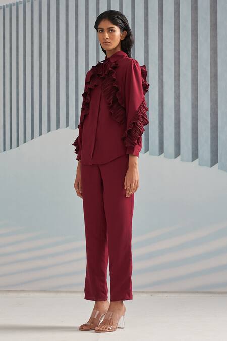 Pleats By Aruni_Maroon Crepe With Pleated Detail Plain Shirt Collar Ruffle Full Sleeve_at_Aza_Fashions