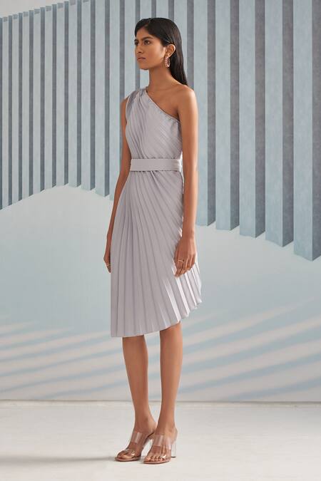 Buy_Pleats By Aruni_Silver Satin Crepe Plain Asymmetric One Shoulder Pleated Dress_Online_at_Aza_Fashions
