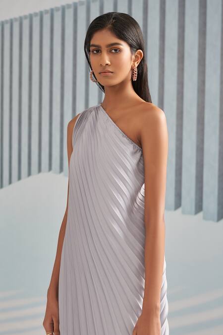 Shop_Pleats By Aruni_Silver Satin Crepe Plain Asymmetric One Shoulder Pleated Dress_Online_at_Aza_Fashions
