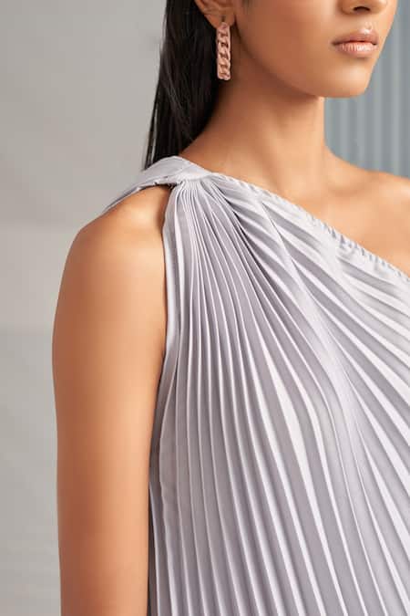 Pleats By Aruni_Silver Satin Crepe Plain Asymmetric One Shoulder Pleated Dress_at_Aza_Fashions