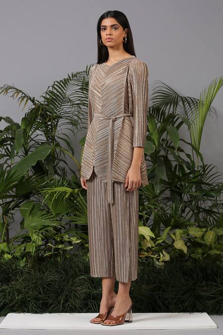 Pleats By Aruni_Gold Polyester V Neck Pleated Top And Pant Set_Online_at_Aza_Fashions