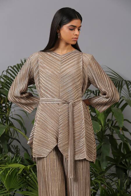 Buy_Pleats By Aruni_Gold Polyester V Neck Pleated Top And Pant Set_Online_at_Aza_Fashions